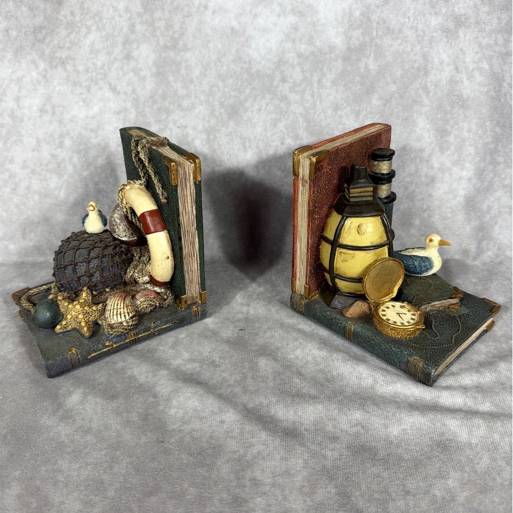 Heritage Mint Nautical Bookends Lighthouse Seagull Lifebuoy Coastal Decor Vtg